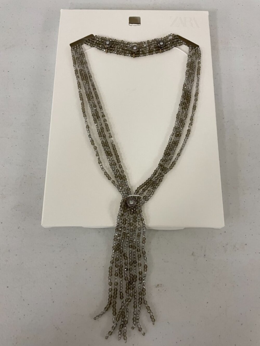 Zara Lariat Necklace Layered Smokey Gray Tassel Glass Seed Beads 1856/277 NWT